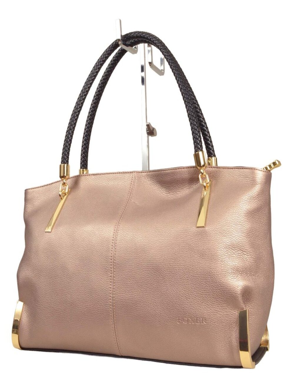 FOXER Large Split Leather Shoulder Tote in Metallic Champagne